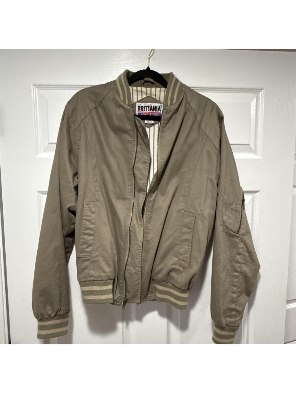 Brittania Vintage 70s 80s Retro Varsity Bomber Jacket Olive Beige Military M